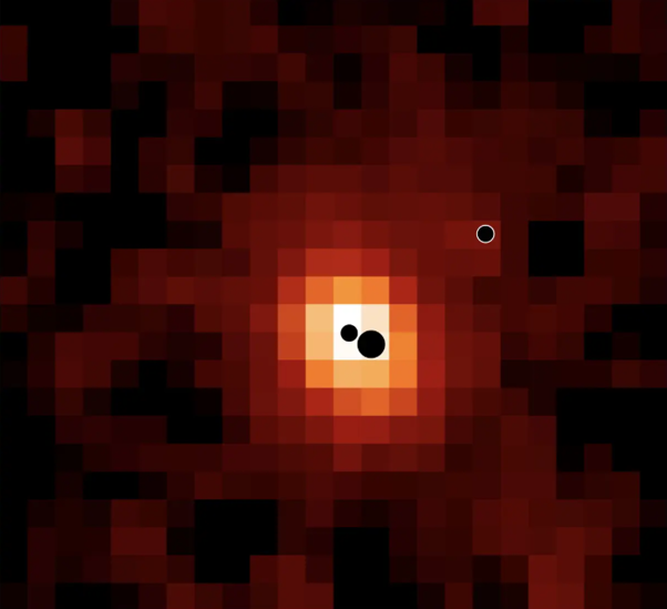 Map of JO148-4214 in ionized hydrogen, with the black holes’ locations marked, not to scale
